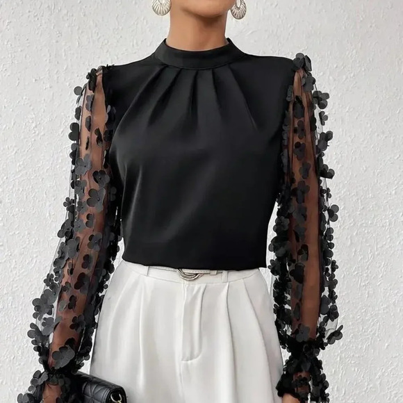 HIGH QUALITY Tops - Elegant Floral Mock Neck Contrast Mesh Blouse
